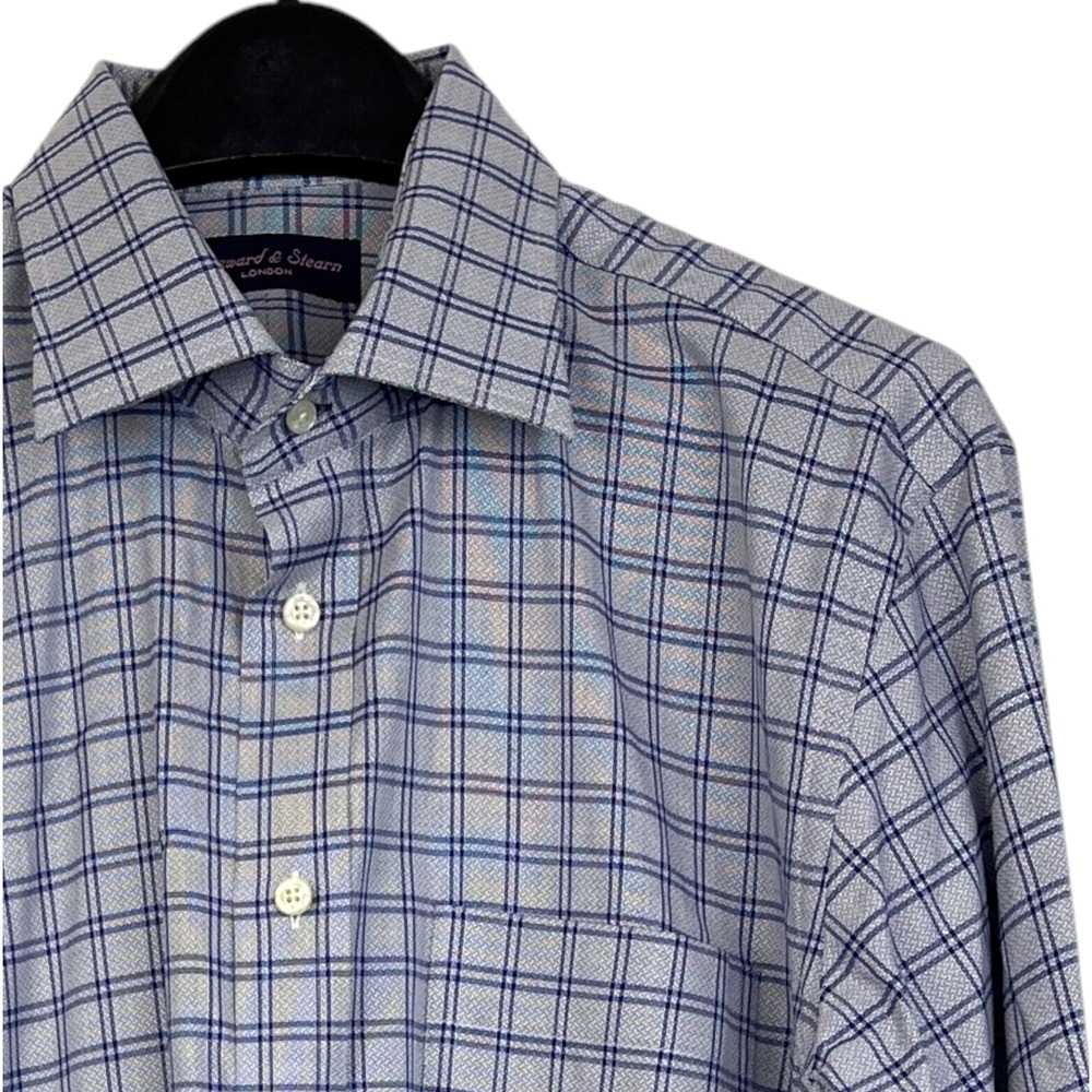 Seaward & Stearn London Mens L Large Plaid Button Down‎ Shirt Blue White Cotton